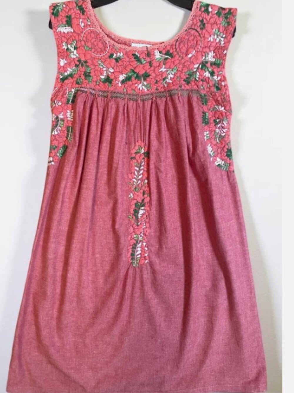 Mi Golondrina Floral Pink Dress Mexican Embroidered XS Cotton handmade